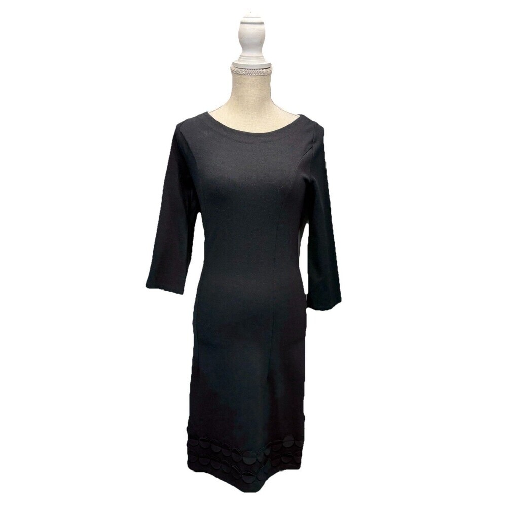 Boden Black Knit Sheath Dress Size 4 Circle Appliqué Hem 3/4 Sleeve Career